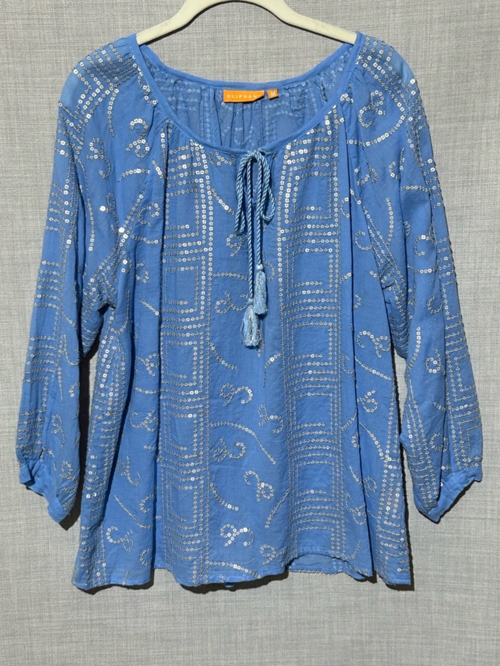 Oliphant Blue Sequin 3/4 Sleeve Cotton Peasant Tunic Blouse Top Tassels Medium